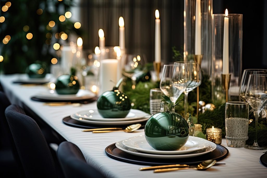 Beautiful holiday tablescape with candles, glasses, and plateware